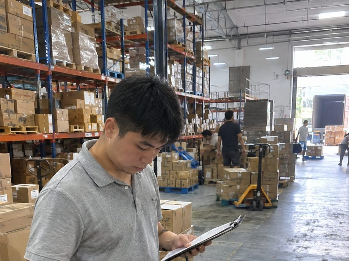 Staf gudang memeriksa isi karton sebelum dikirim