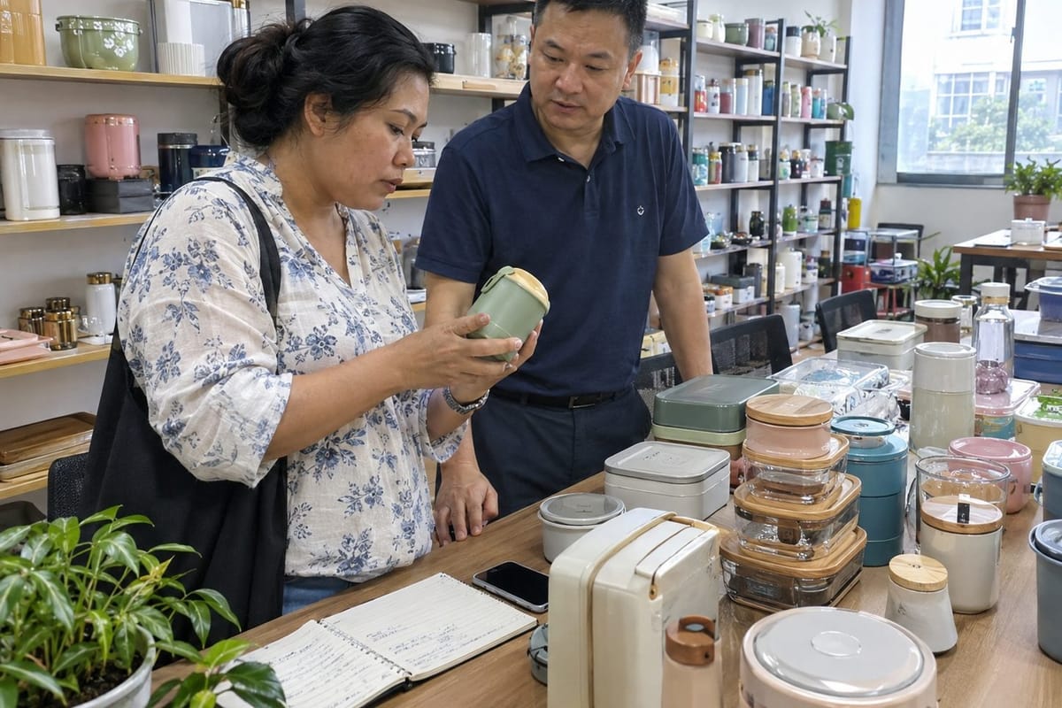 Memeriksa sampel produk di showroom pabrik